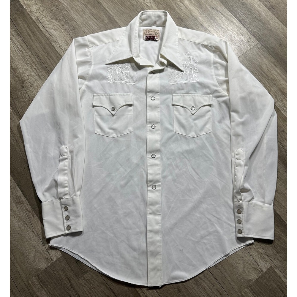 Vtg H BAR C Western Shirt‎ Mens Wagon Wheel Pearl Snap Permanent Press White
